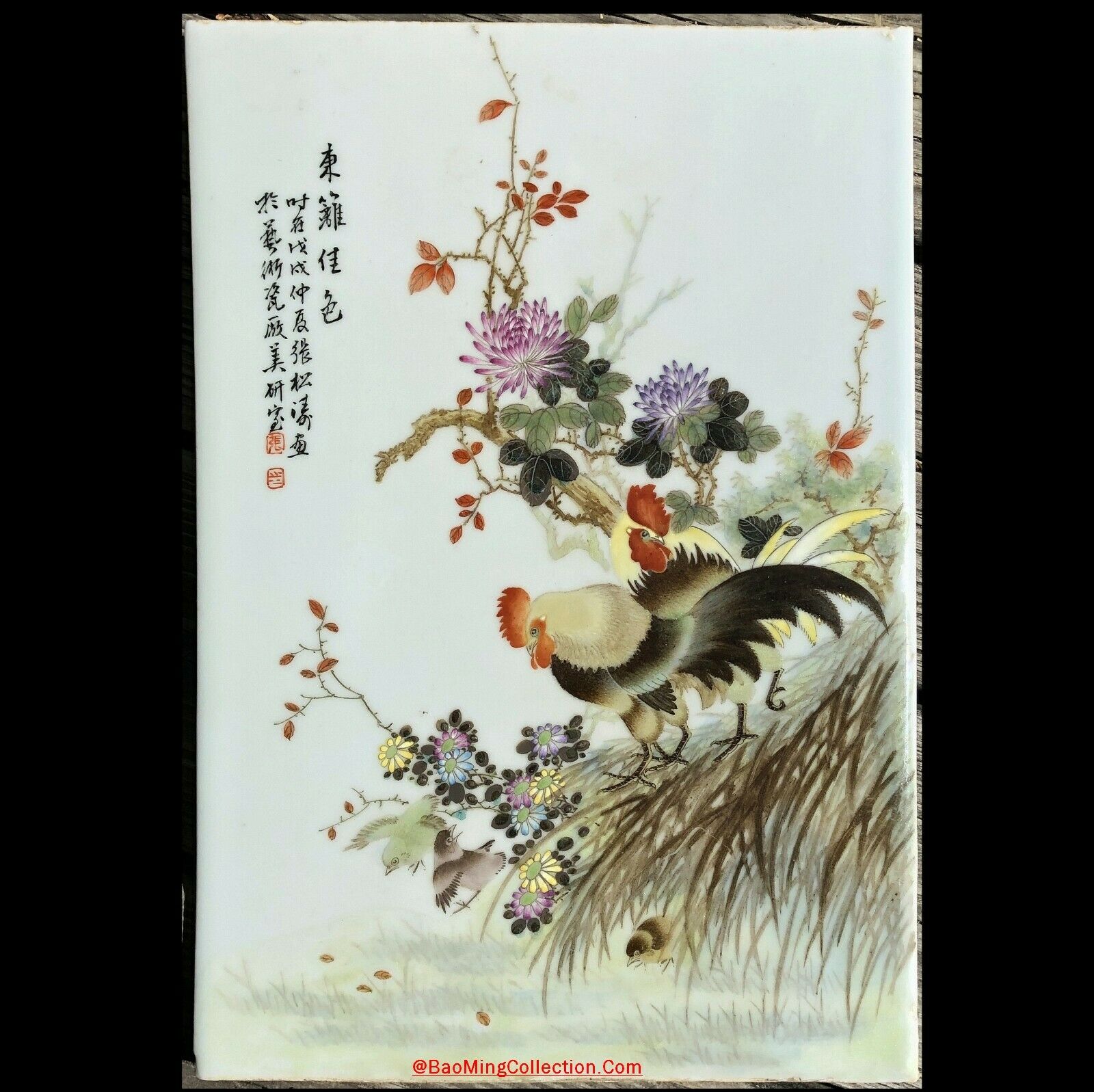 Large Chinese Famille Rose Porcelain Plaque Panel Autumn Flower Rooster Chickens