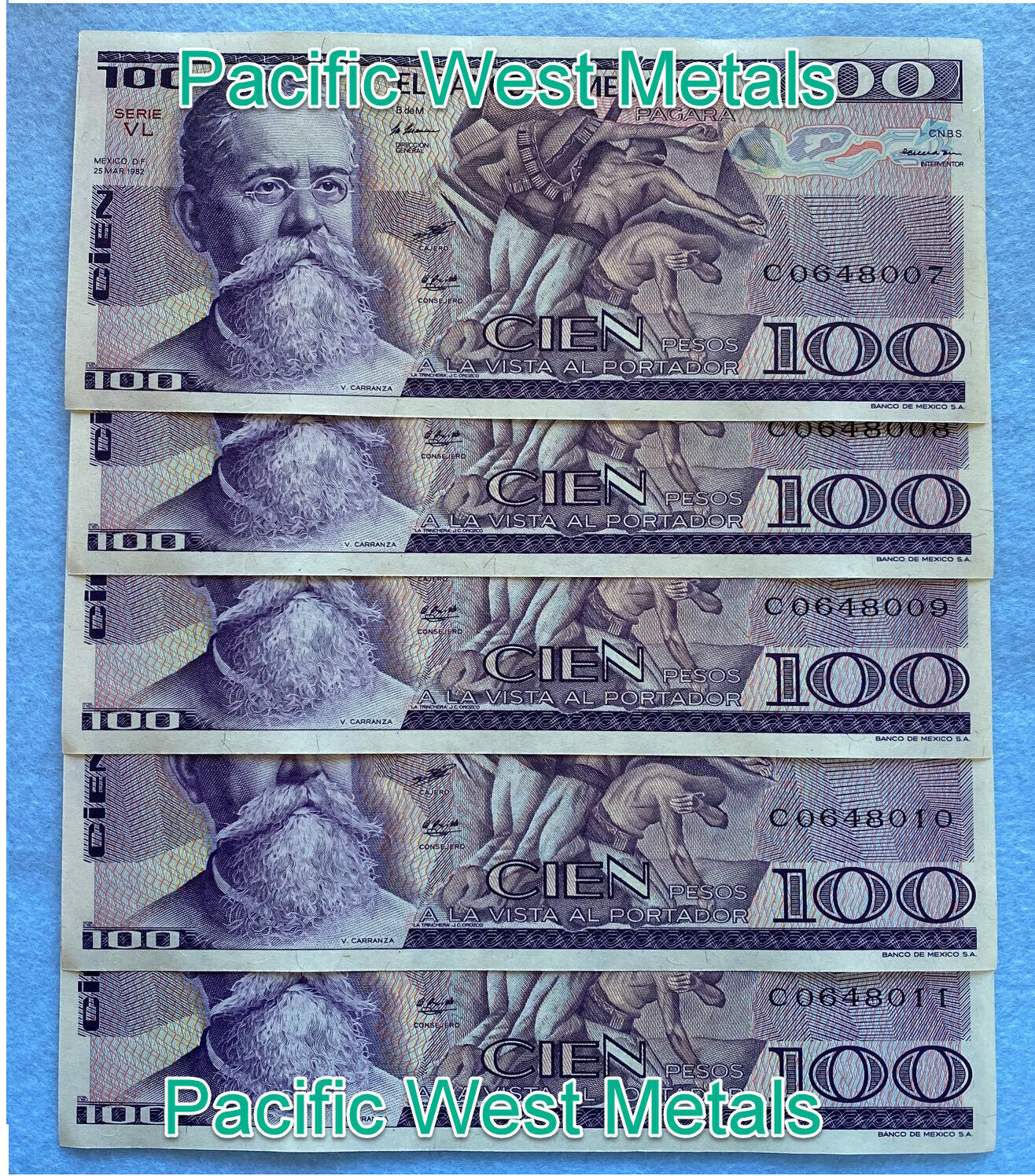 Lot Of 5 Uncirculated Mexico Banknote 100 Pesos Bill Paper Money Mix Year Crisp