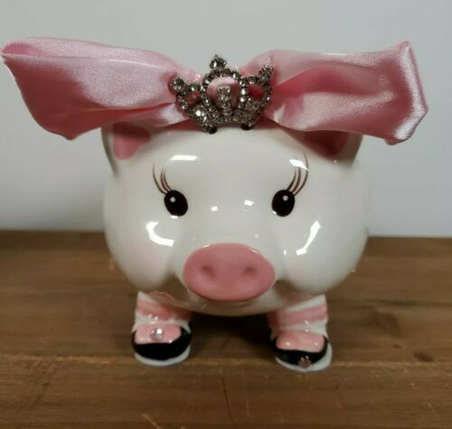Mud Pie "always The Princess" Pink Bow Sparkle Crown Ceramic Piggy Bank New