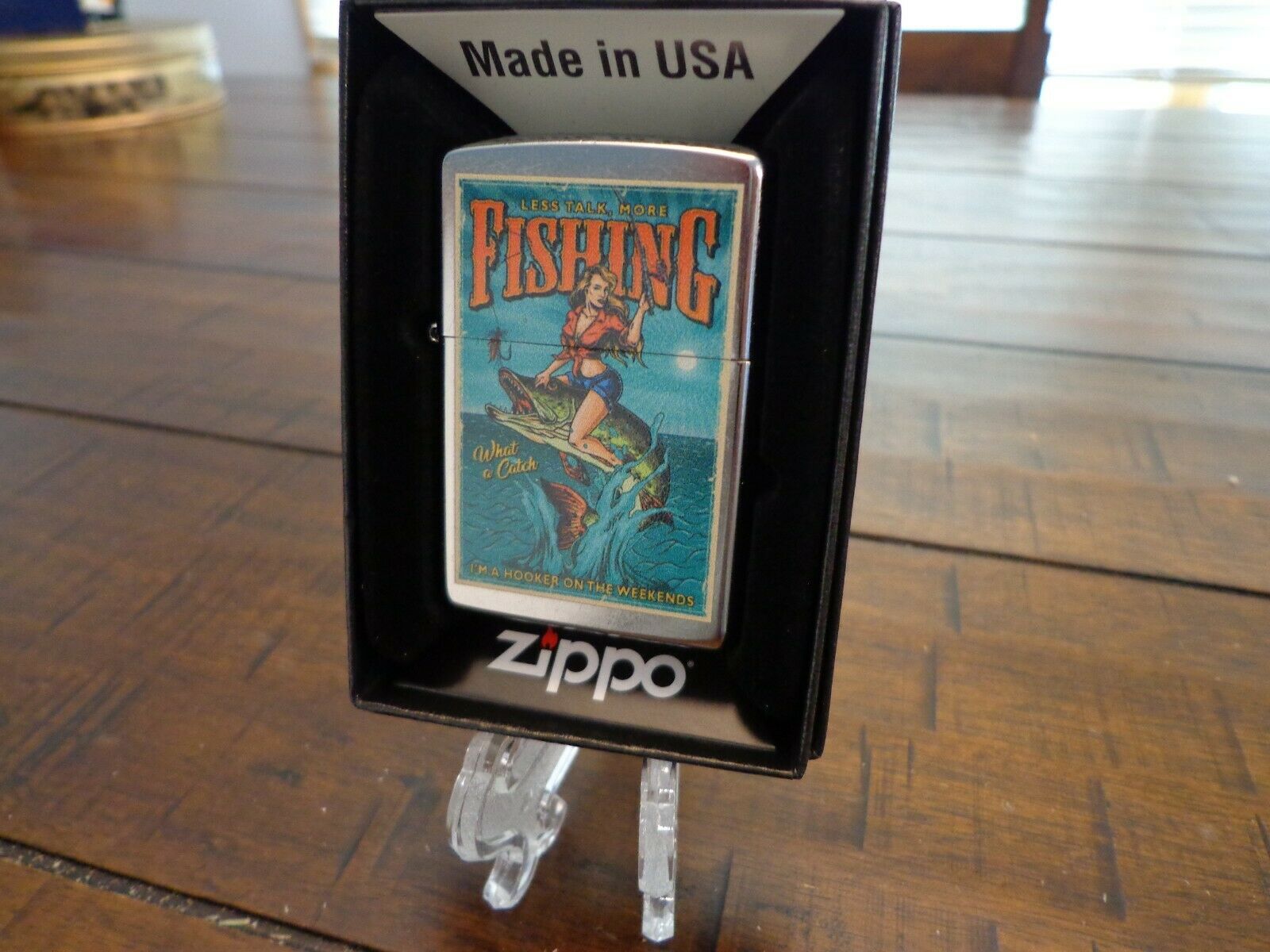 Pinup Girl Fishing I'm A Hooker On The Weekends Zippo Lighter Mint In Box