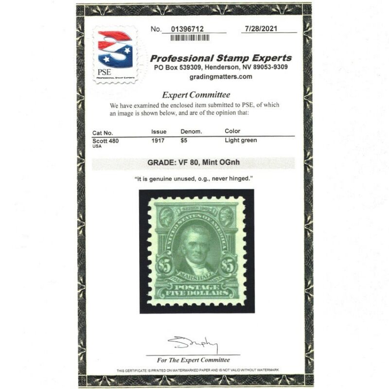 #480 1917 $5 Stamp - Vf 80 Mint Og Nh - Pse Certificate