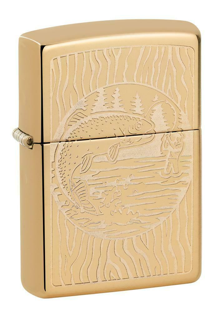 Zippo Lighter - Fisherman Design High Polished Brass - 49610-c
