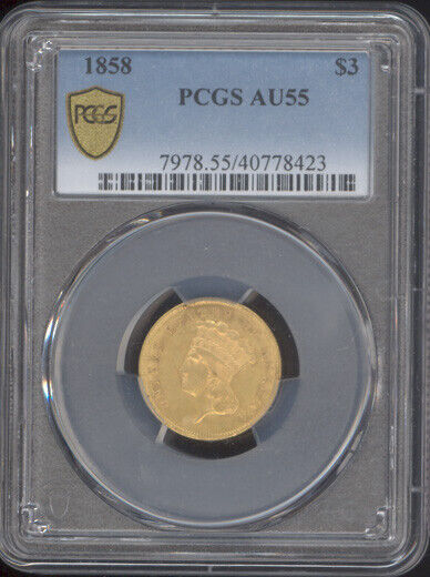 1858 $3 Gold Pcgs Au55  - Mintage Of 2,133