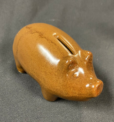 Heavy Stoneware Pottery Piggy Bank Deep Caramel Glazed Pig 5 3/4"