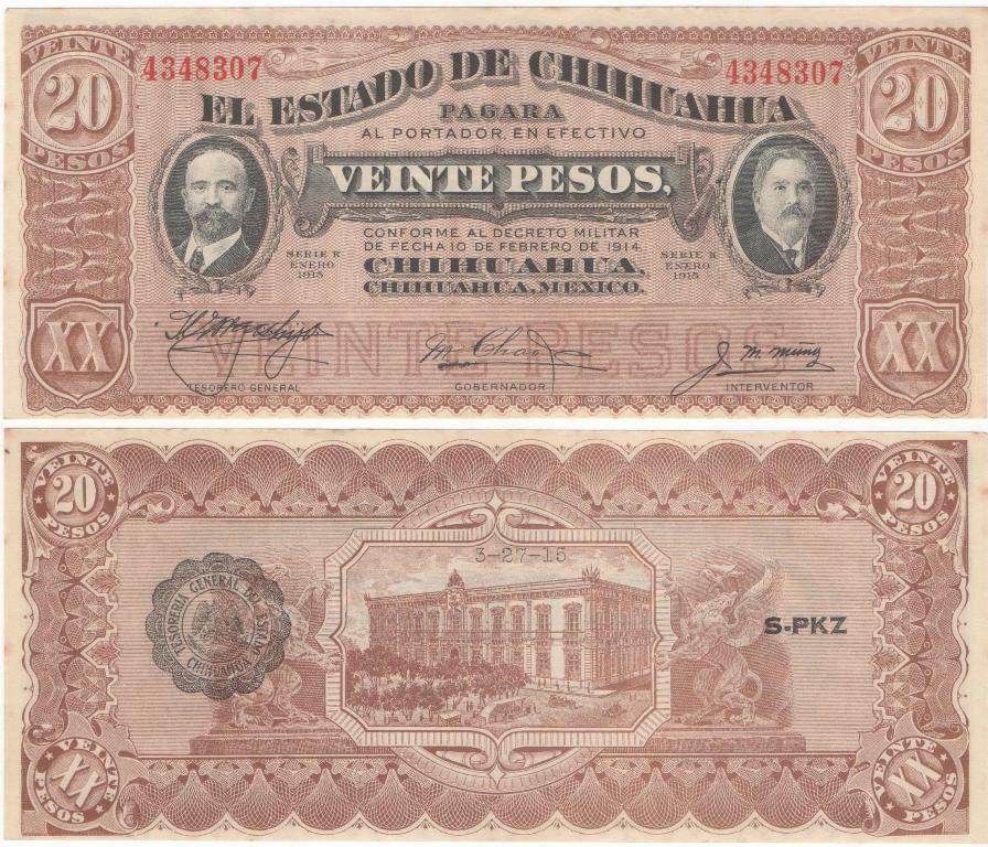 One 1915 Mexico 20 Pesos El Estado De Chihuahua Issue  Serie K Uncirculated