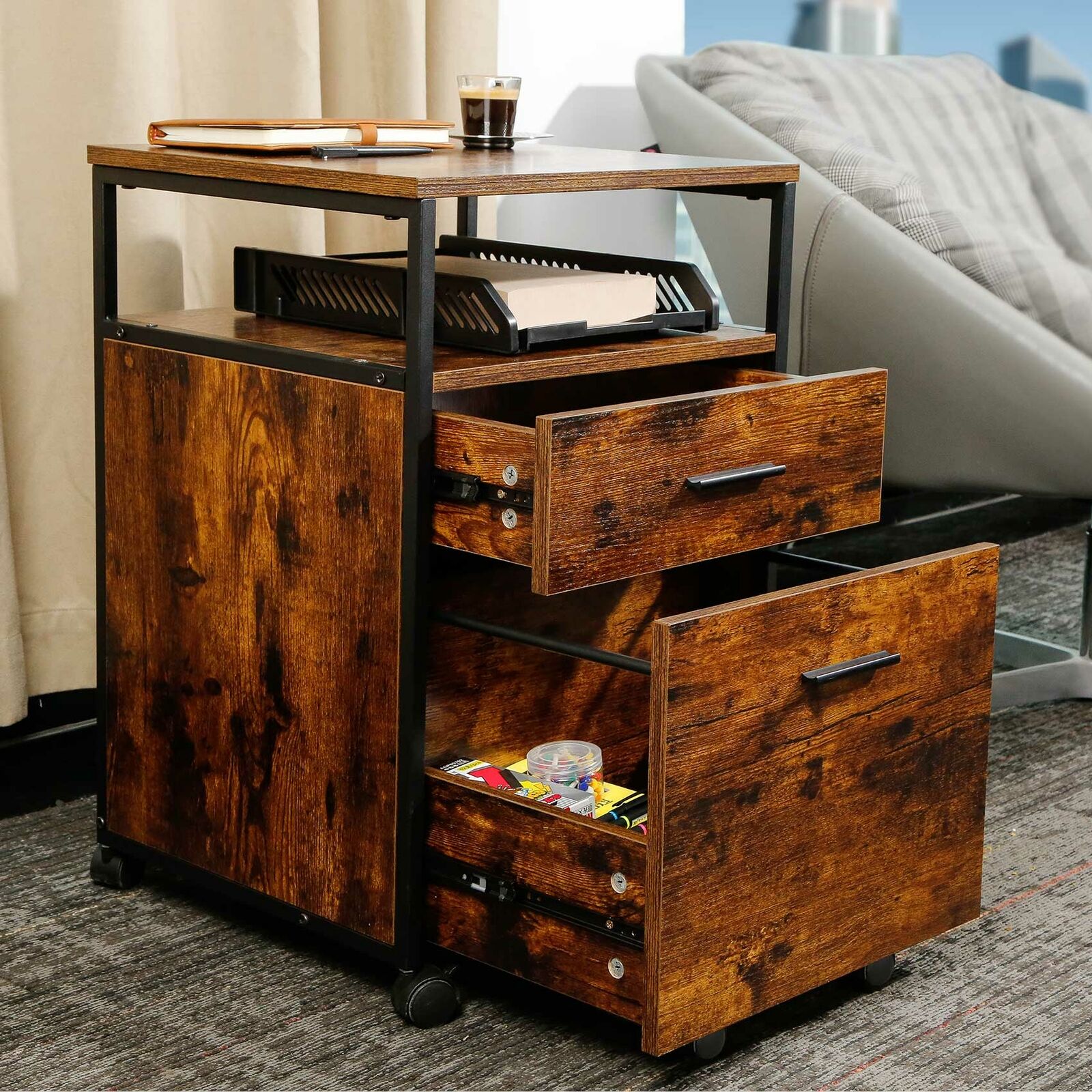 Wood Nighstand Side Table Furniture Rustic Storage End Table W/2 Drawers & Wheel