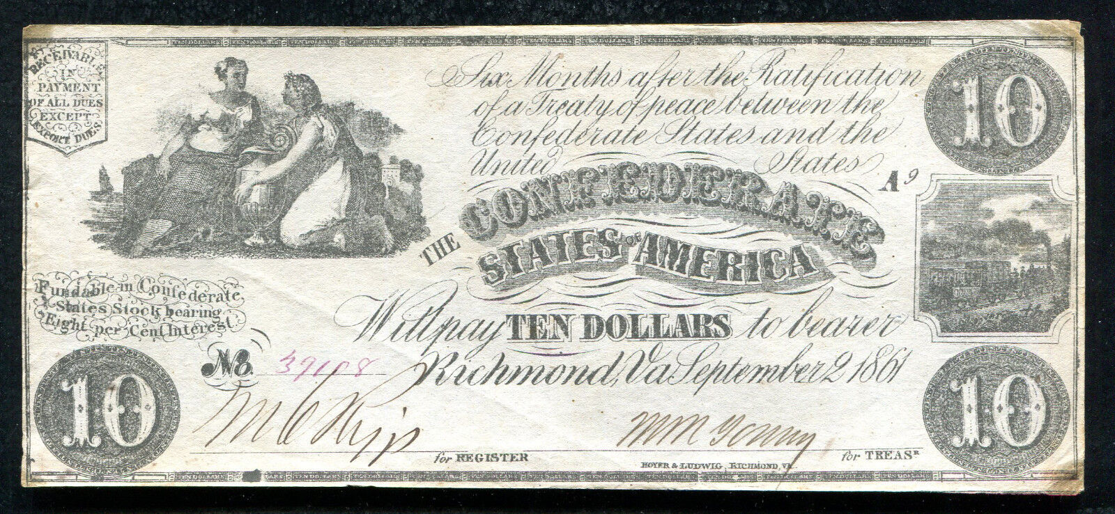 T-28 1861 $10 Ten Dollars Csa Confederate States Of America Very Fine (d)