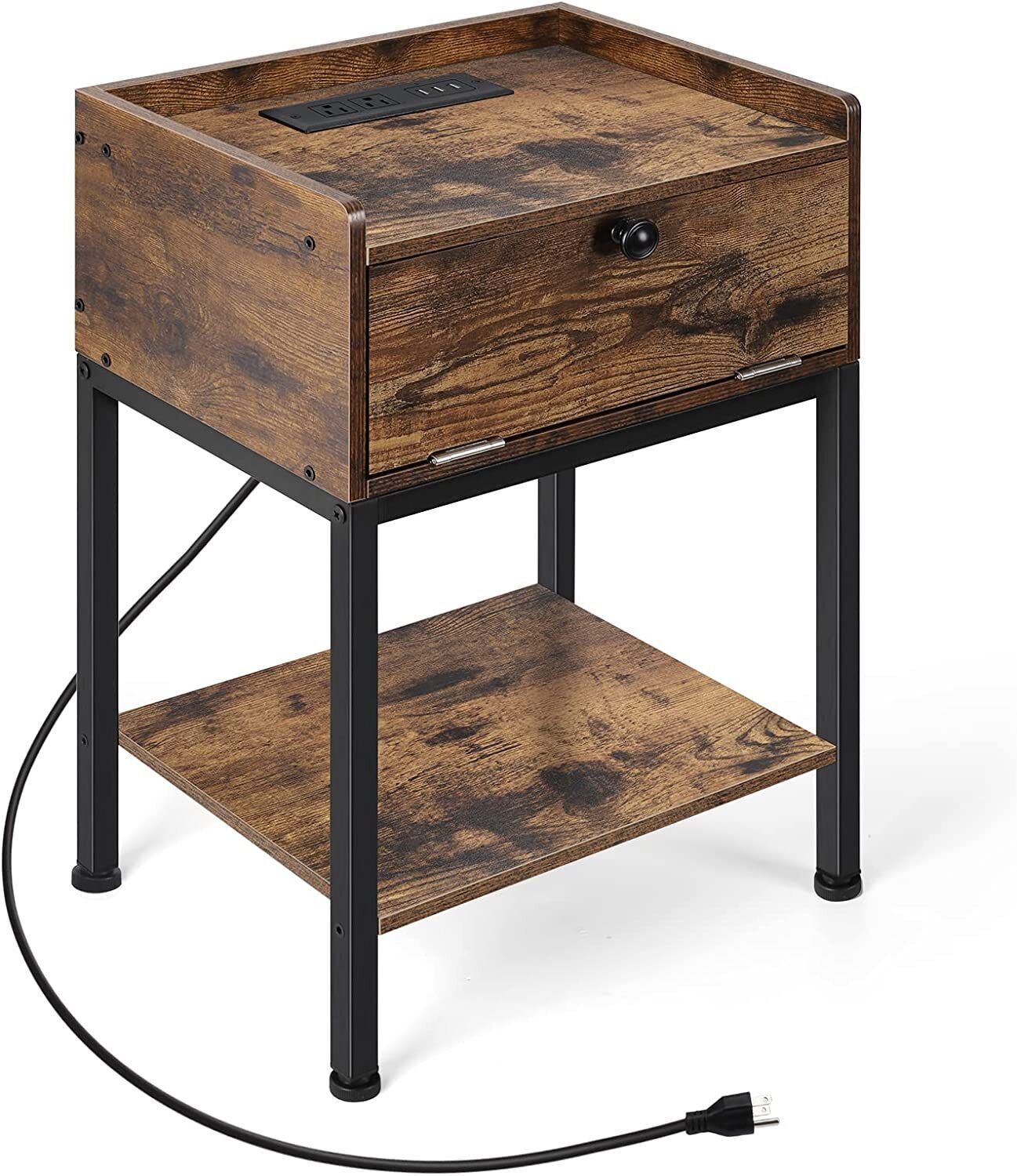 Industrial Nightstand W/charging Station Bedside Table Storage Drawer End Table