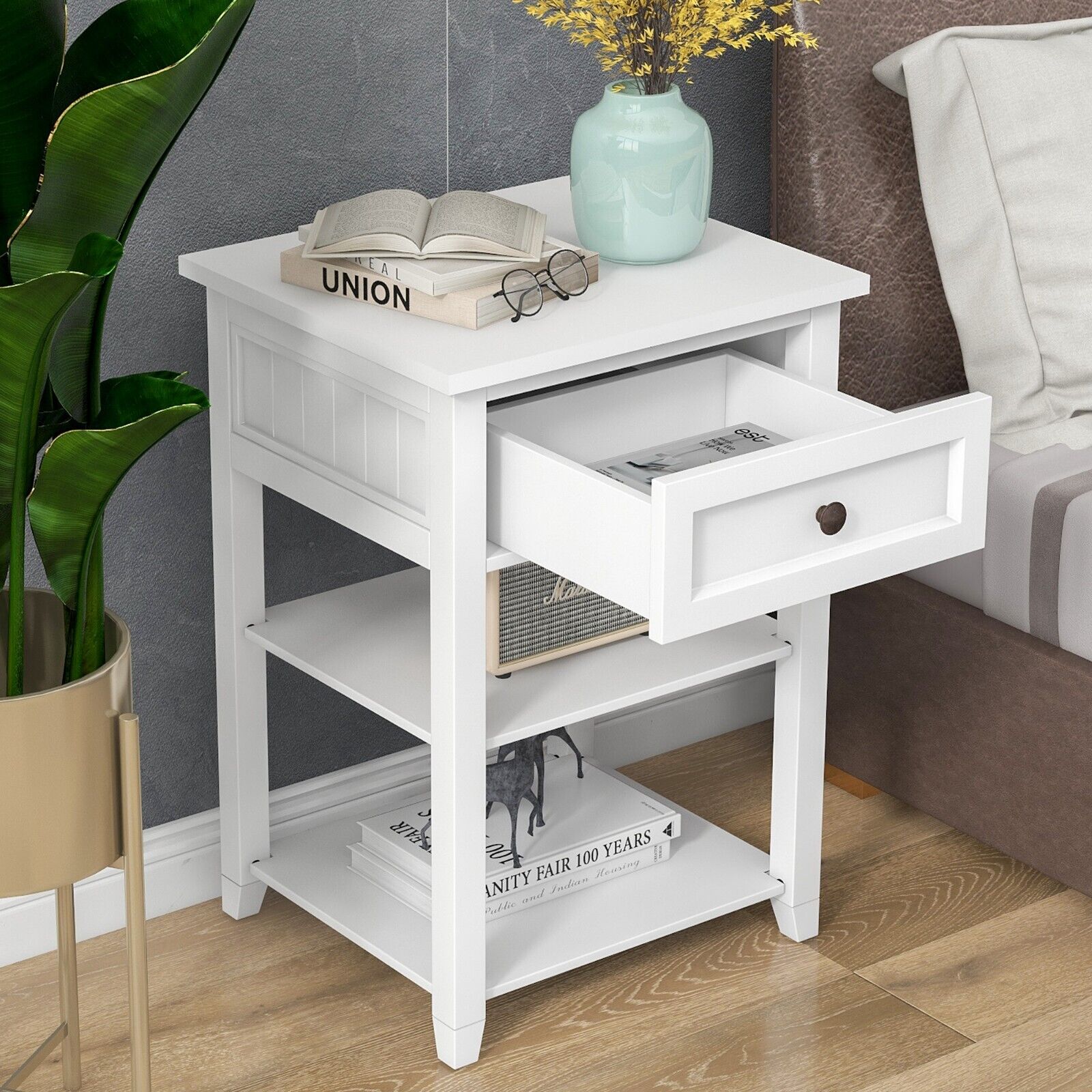 Wooden Nightstand With Drawer And 2-tier Shelves Storage Bedside Cabinet Table