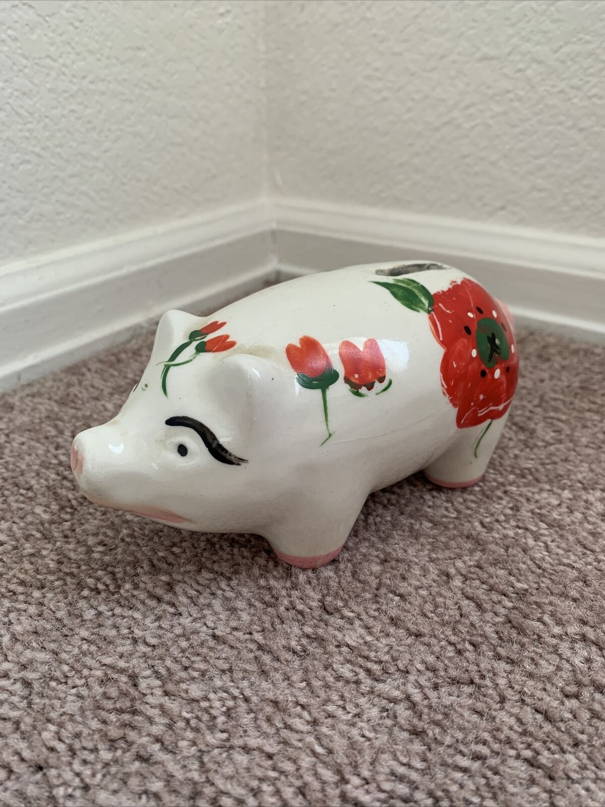 Vintage 1950's Pearl China Co. Porcelain Pig Piggy Coin Bank Red Flowers Floral