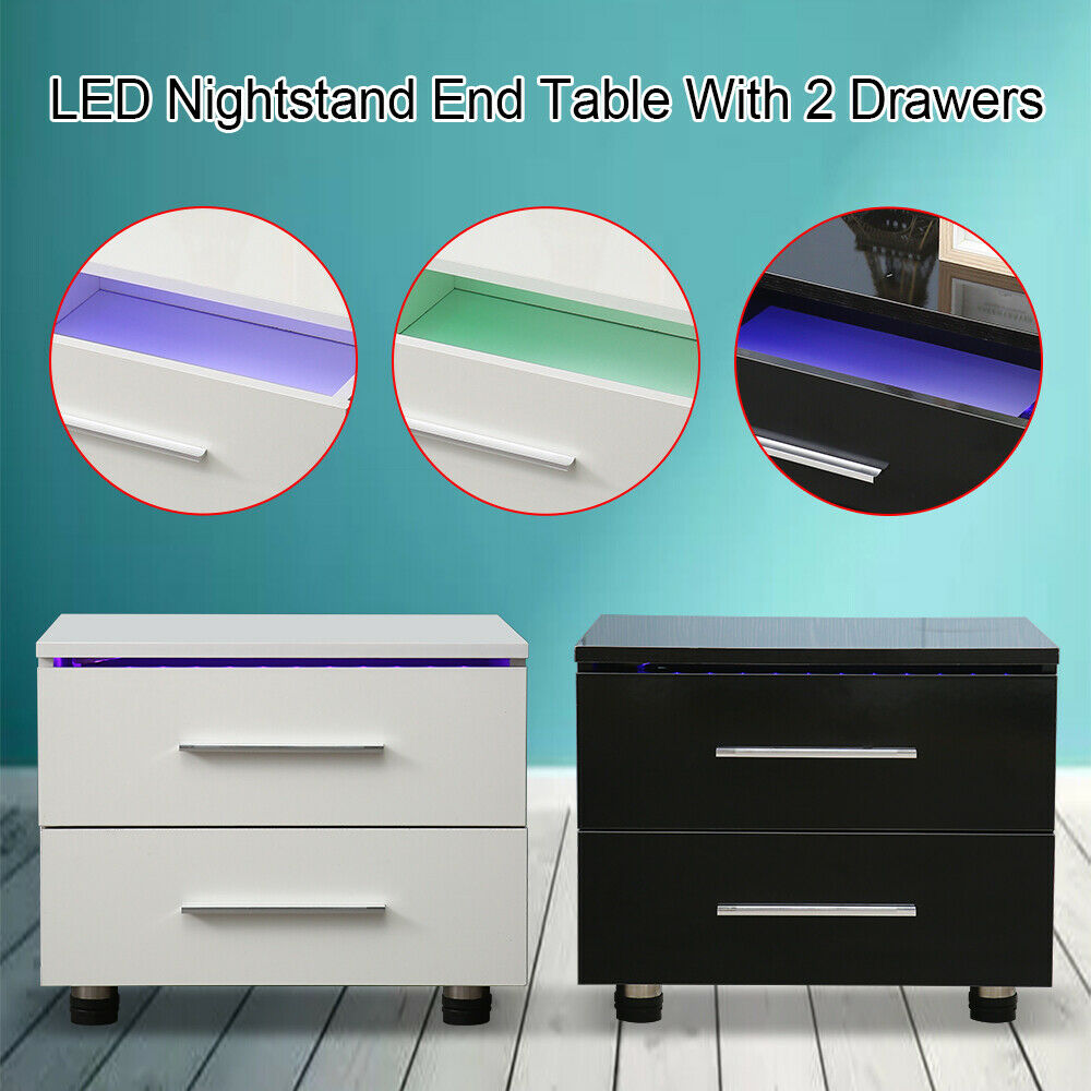 New Modern High Gloss Nightstand 2 Drawer Bedroom Bedside End Table W/ Led Light