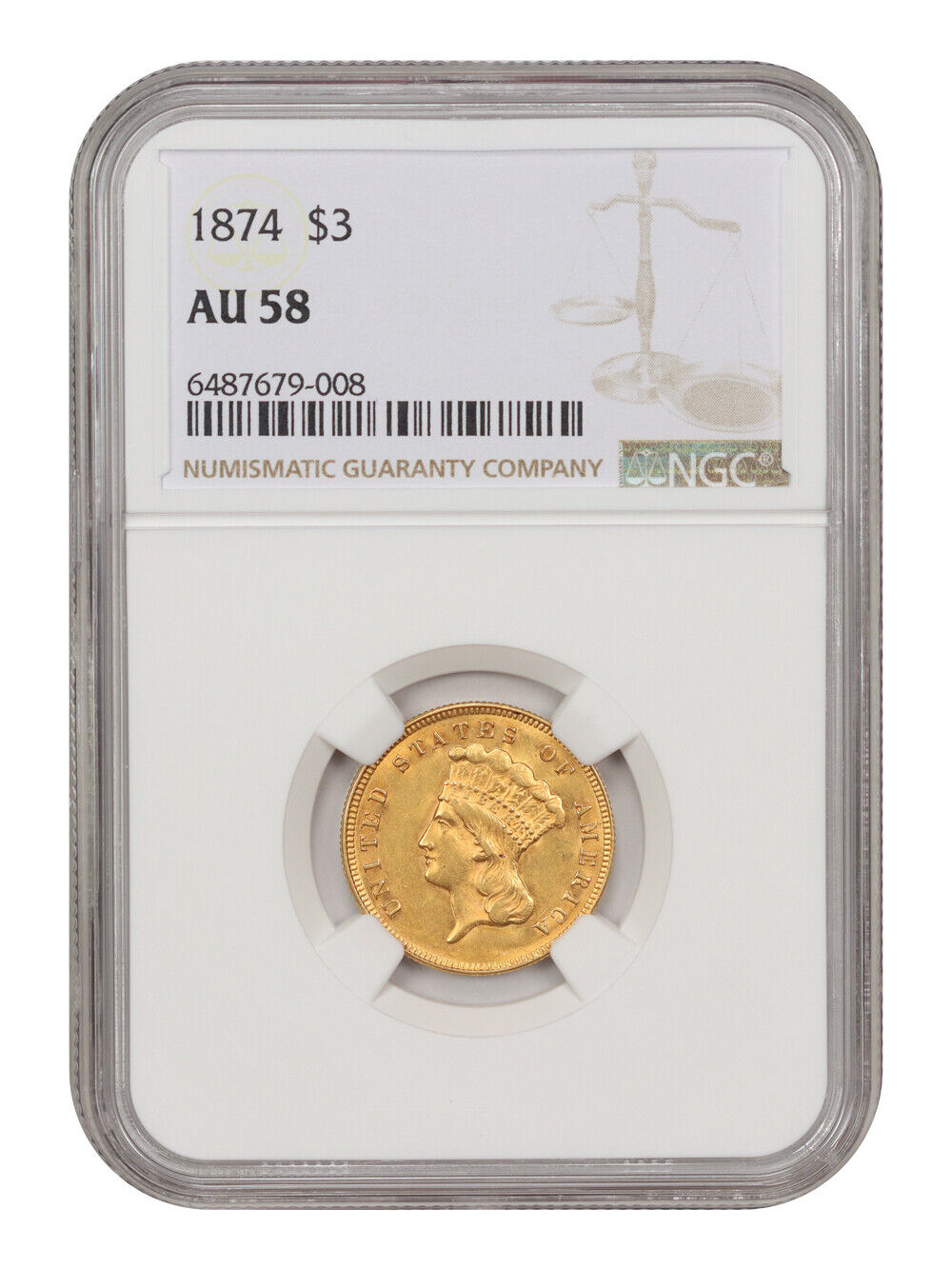 1874 $3 Ngc Au58 - Popular Issue! - 3 Princess Gold Coin - Popular Issue!