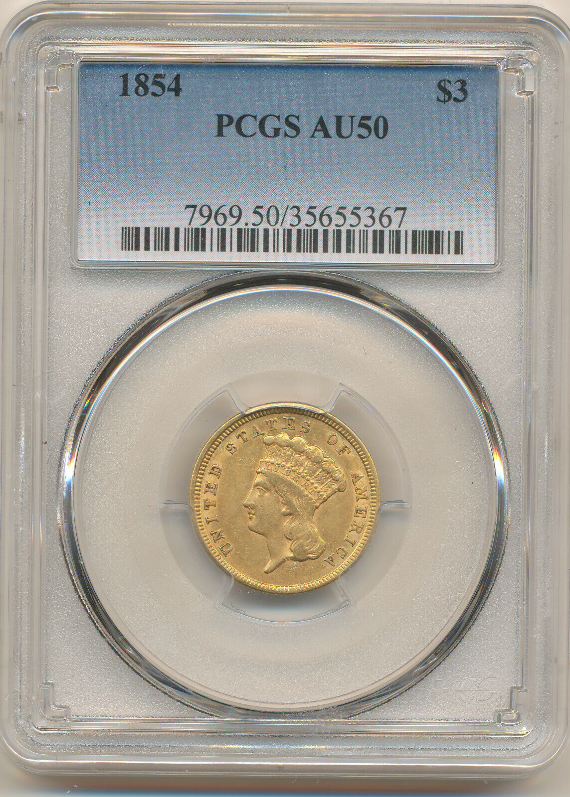 1854 $3 Three Dollar Gold Piece Au 50 Pcgs *first Year Of Issue*