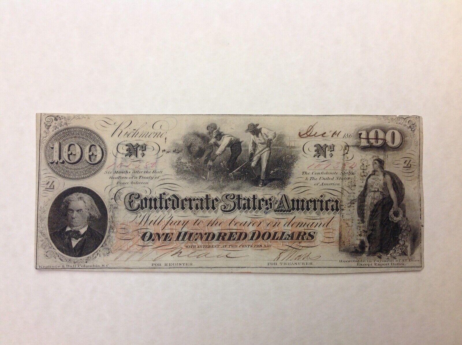 Confederate States Of America $100 Note John Calhoun - Csa Warermark