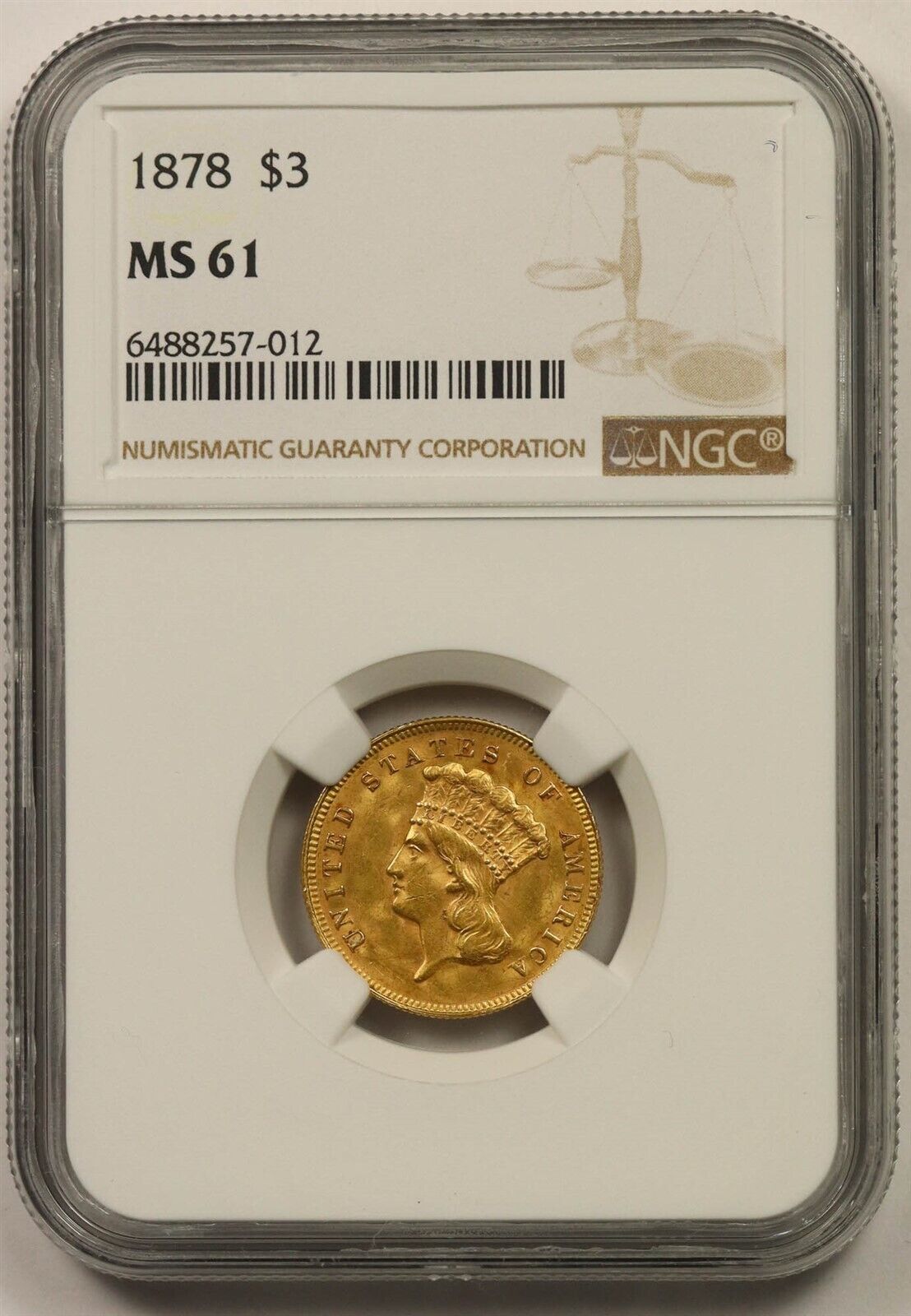 1878 $3 Ngc Ms 61 Indian Princess Head Three Dollar Gold Piece