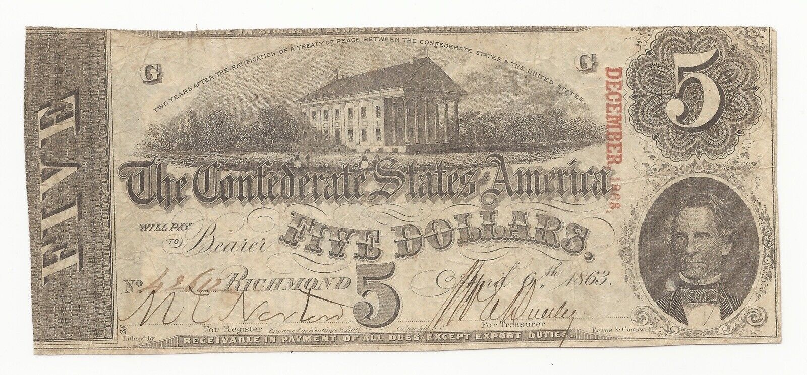 1863 $5 Dollar Bill Csa Note Confederate States Richmond, Va 42612-wmx