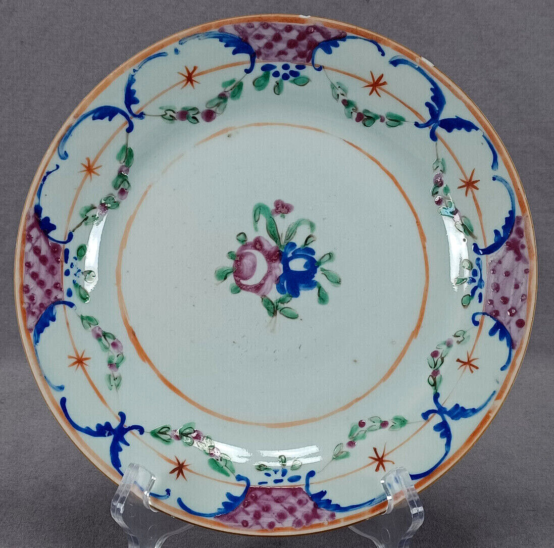 Chinese Export Hand Painted Pink & Blue Rose 8 7/8 Inch Plate C.1820-1850 C