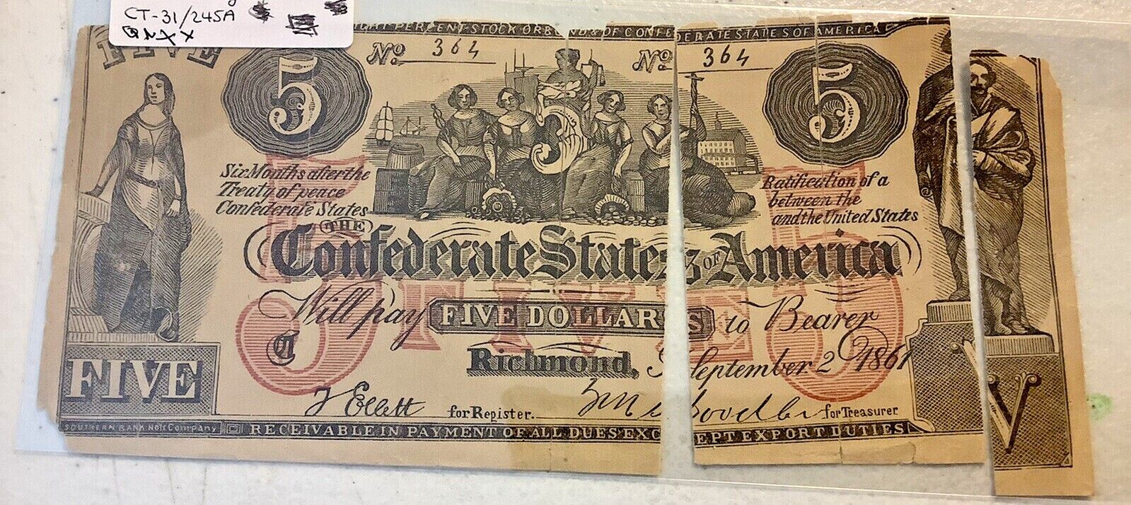 Confederate States Of America $5 Bill Ct-31 1861 Counterfeit