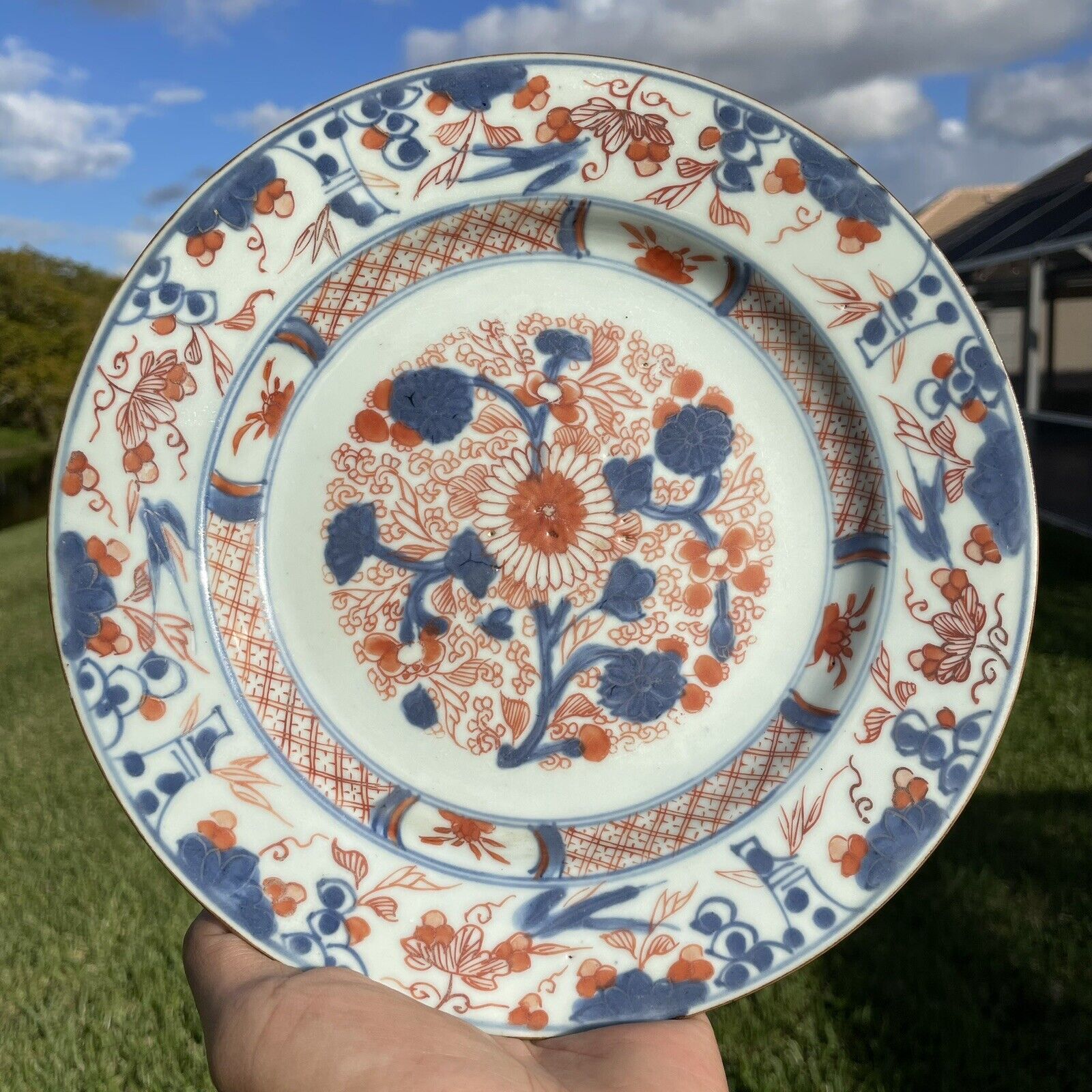 Rare Antique Chinese 18th C Kangxi Imari Blue White Porcelain Plate Flowers #1