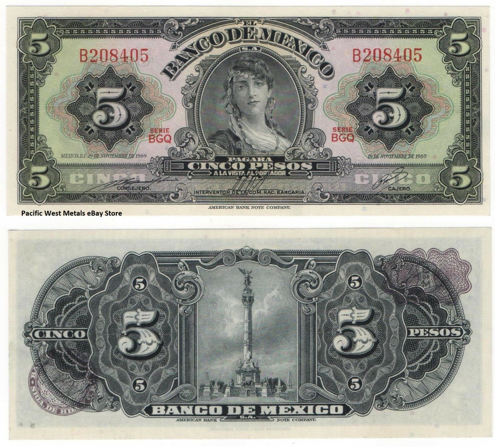 Uncirculated Crisp 1969 Mexico 5 Pesos Gypsy Unc Mexican Banknote Billete Cinco