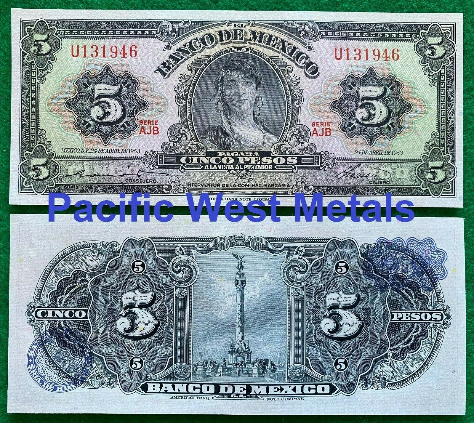 1963 Mexico 5 Pesos Gypsy Unc Mexican Banknotes Billete Cinco Sin Circular Crisp