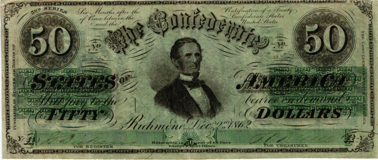 1862 $50.00 Confederate States Of America - Jefferson Davis - T50-353 - Vf/xf+