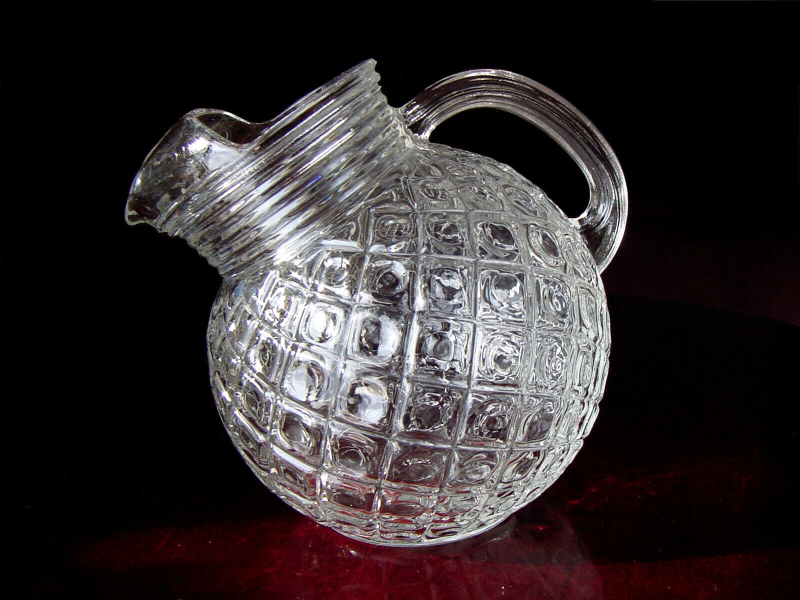 Vintage Circa 1938-44 Waterford Waffle Glass Tilted Ball Pitcher Jug ~ Ice Lip