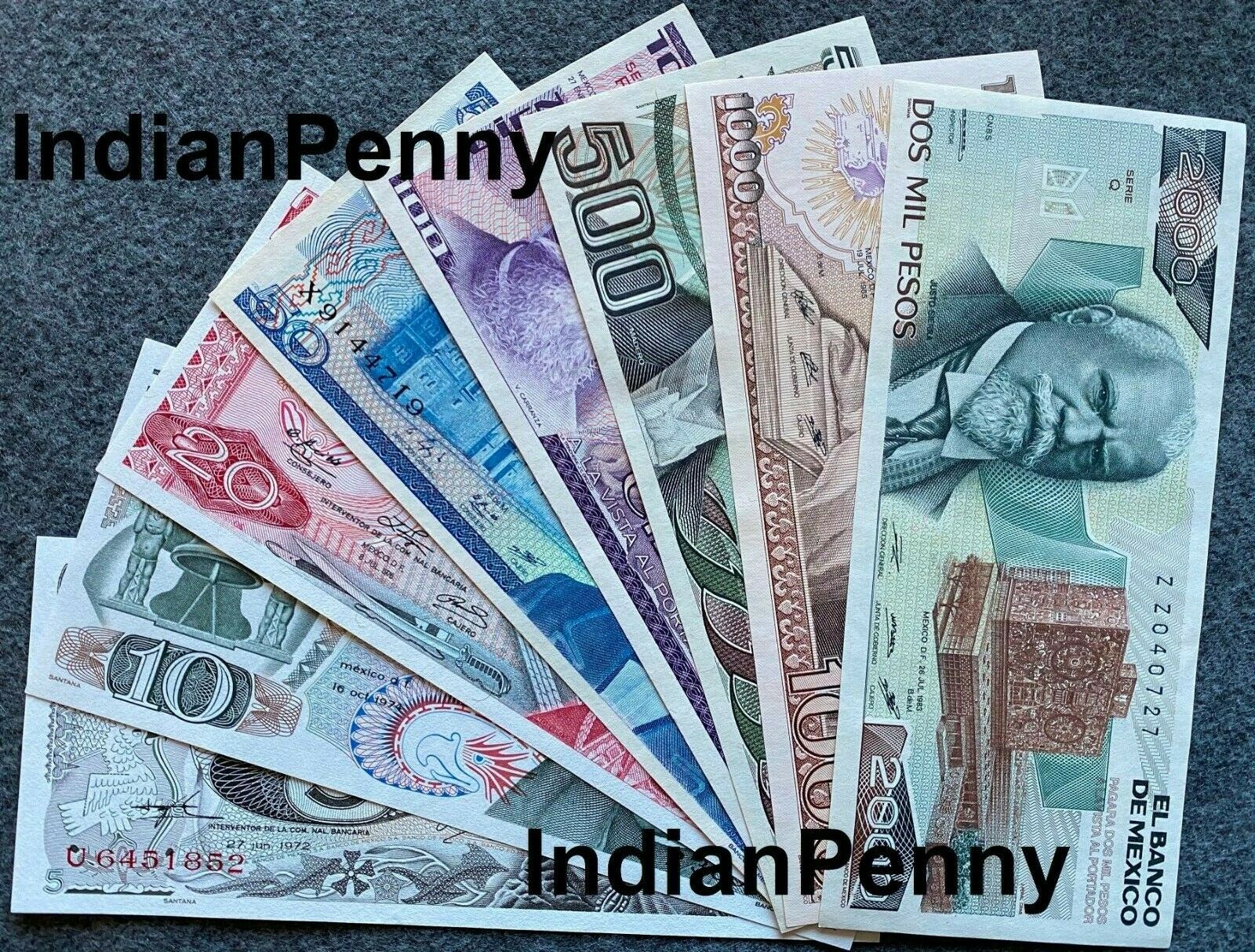 Lot 8 Mexico Peso Banknotes Series 5,10,20,50,100,500,1000,2000 Mexico Bills Unc