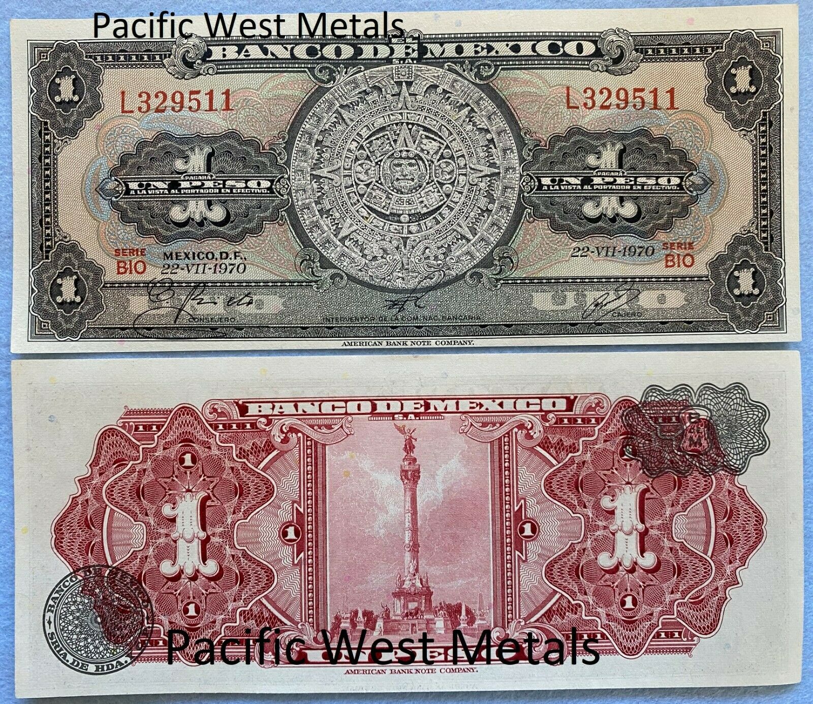 1970 Mexico Banknote 1 Peso Unc Crisp Paper Money Aztec Calendar Independence