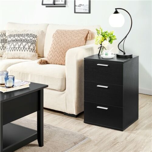 Wooden End Side Bedside Table Accent Nightstand Bedroom W/ 3 Drawers Black