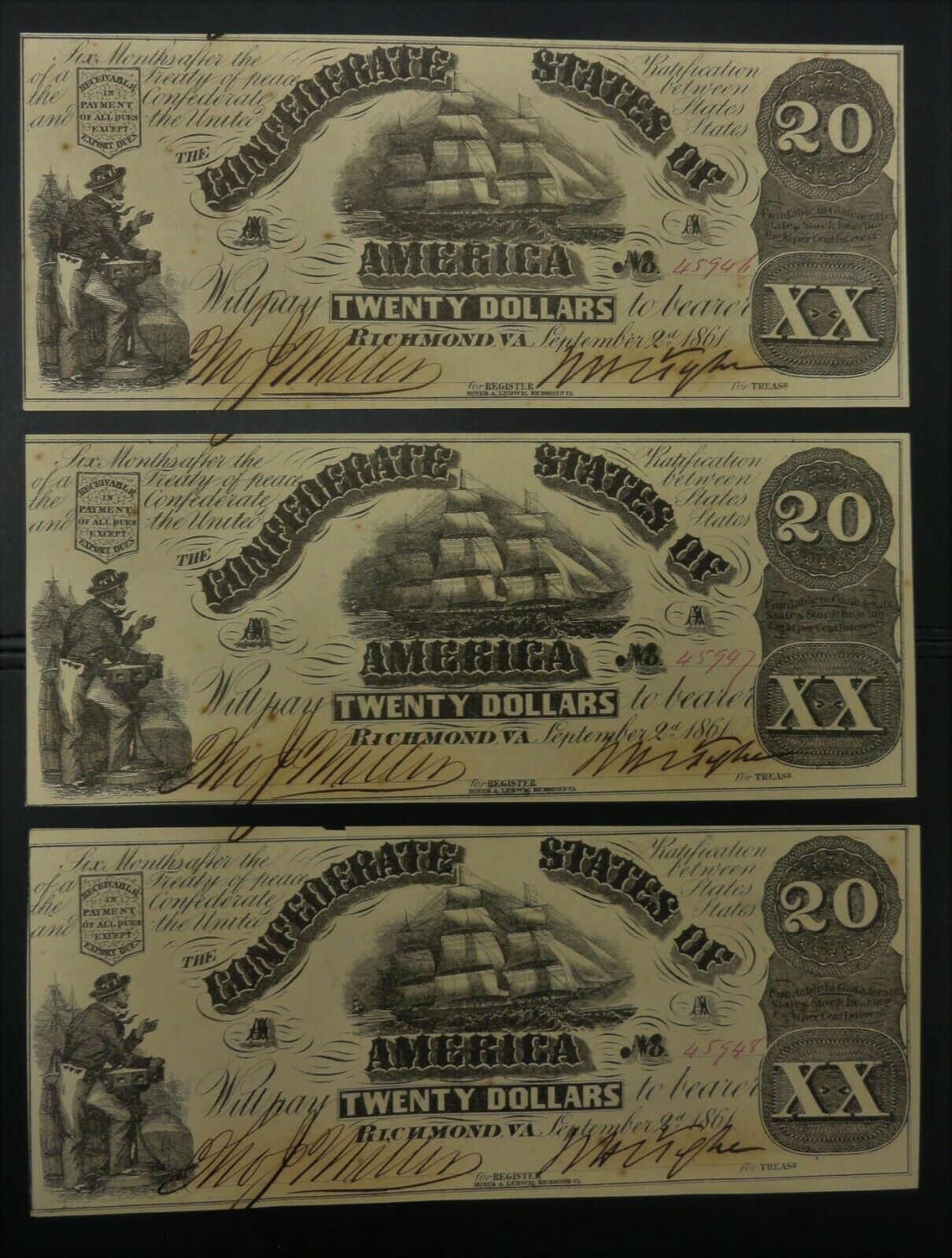 September 2, 1861 $20 T-18 Confederate States 3 Consecutive Sequential Notes