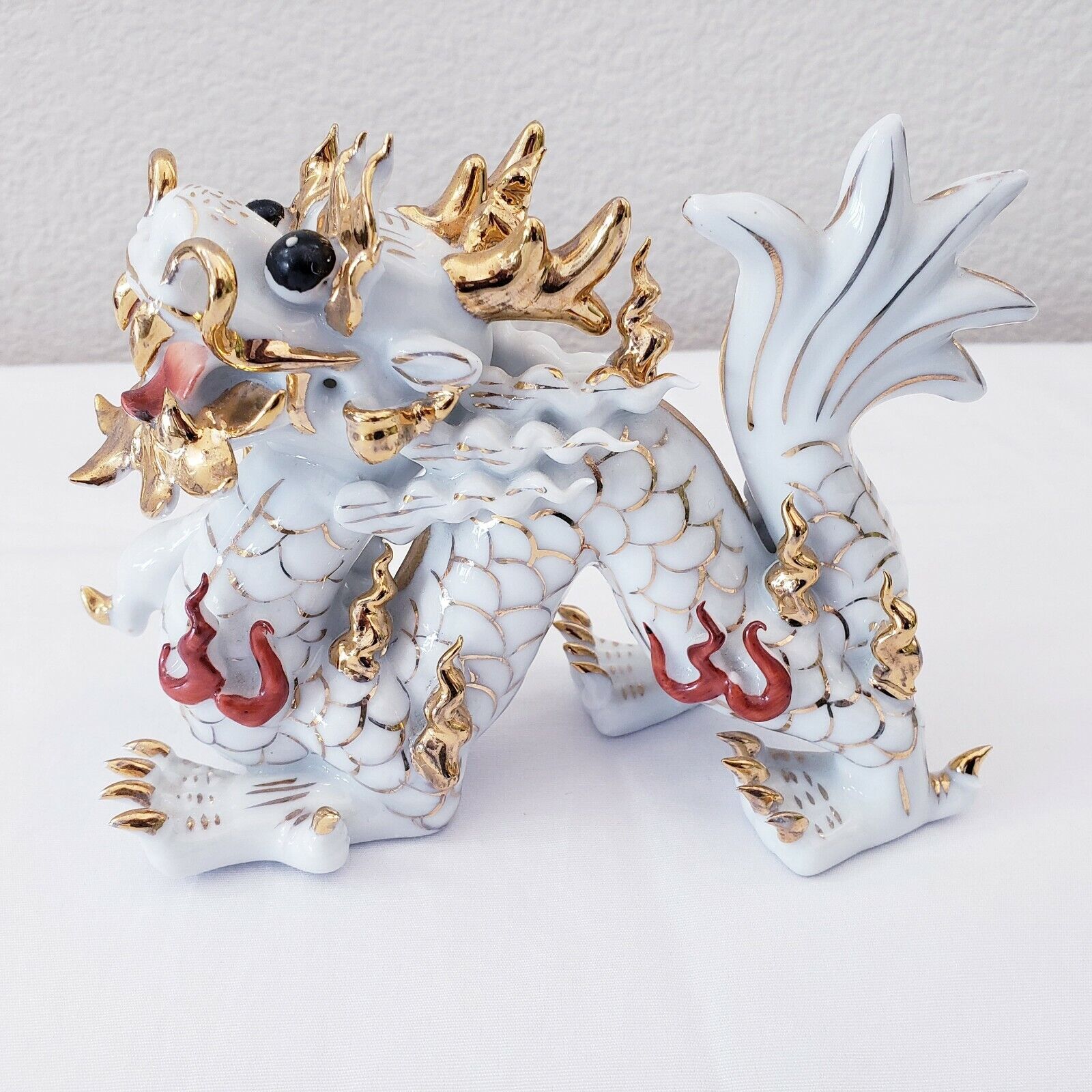 Chinese Zodiac Porcelain Dragon Hand Painted Herend Style White Gold Home Decor.