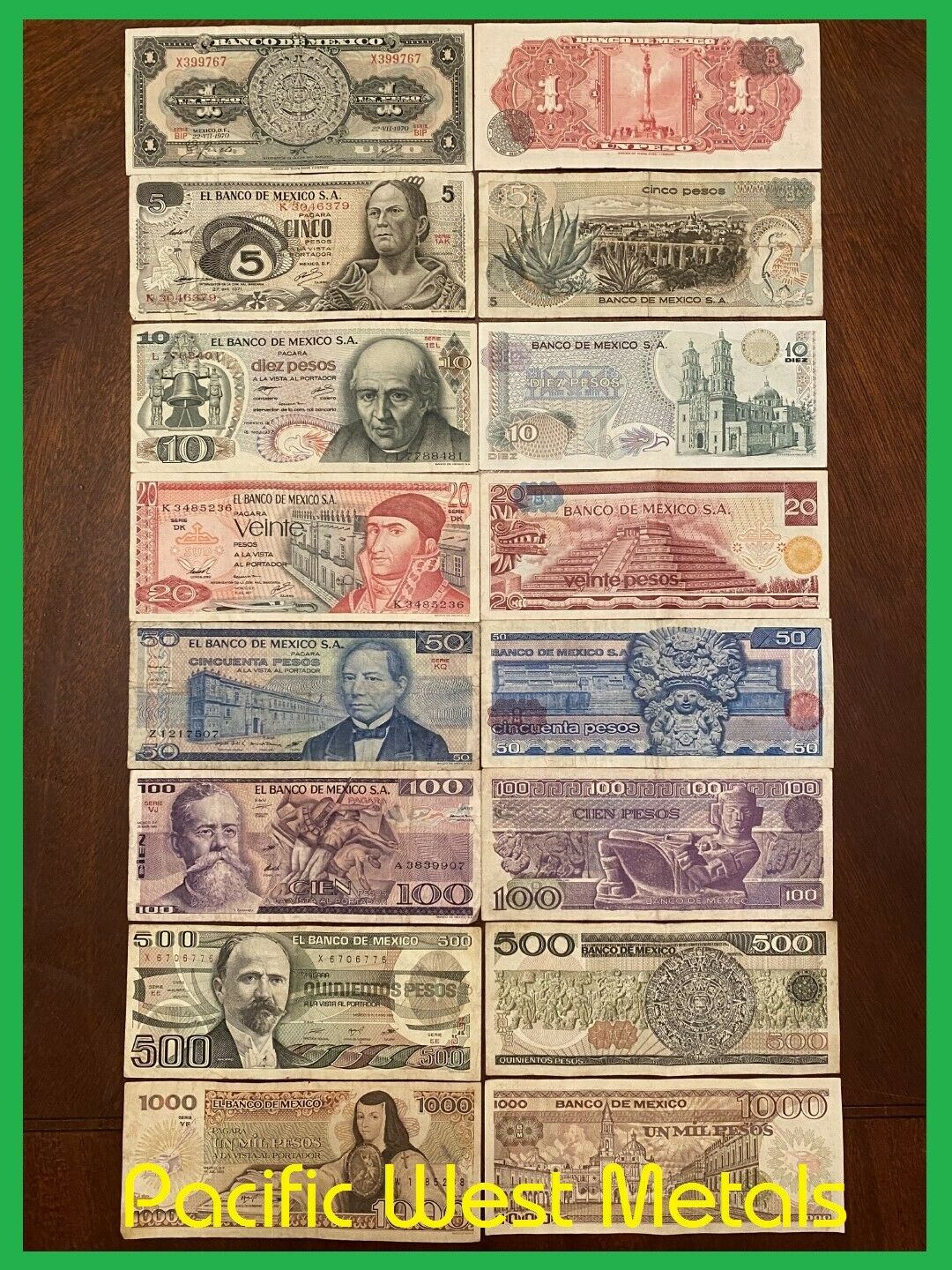 Lot Of 8 Mexico Peso Banknotes Series 1,5,10,20,50,100,500,1000 Bdm Mexico Bills