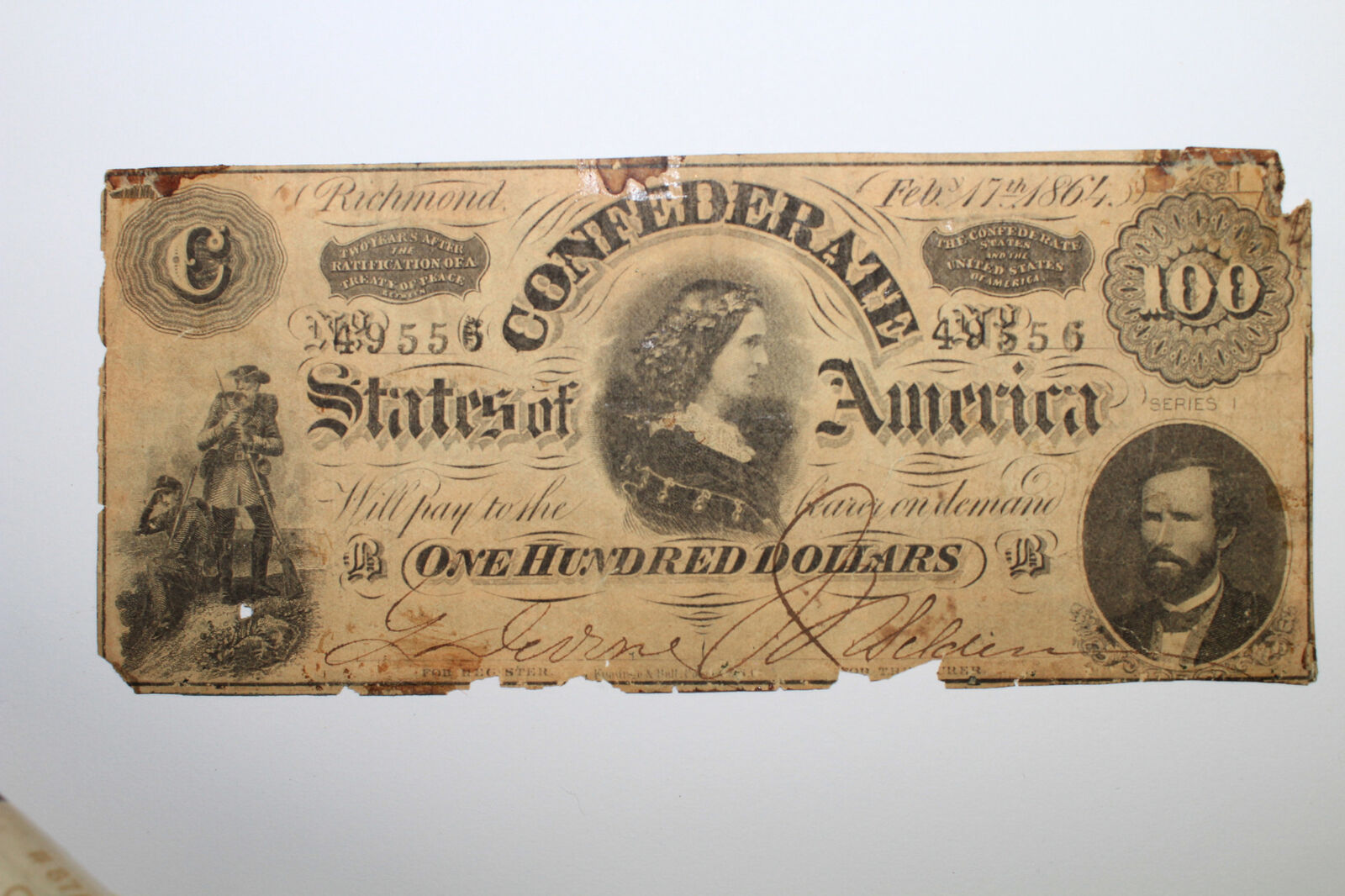 1864 Richmond $100 Confederate Civil War Notes/bonds Grades Poor (serial #49556)