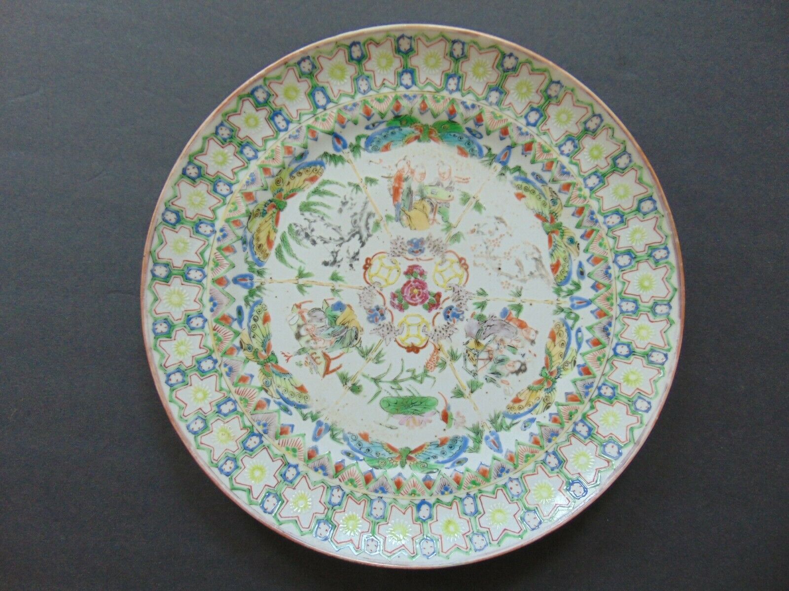 Antique Famille Verte Chinese Export Porcelain Plate Hand Painted W Butterflies
