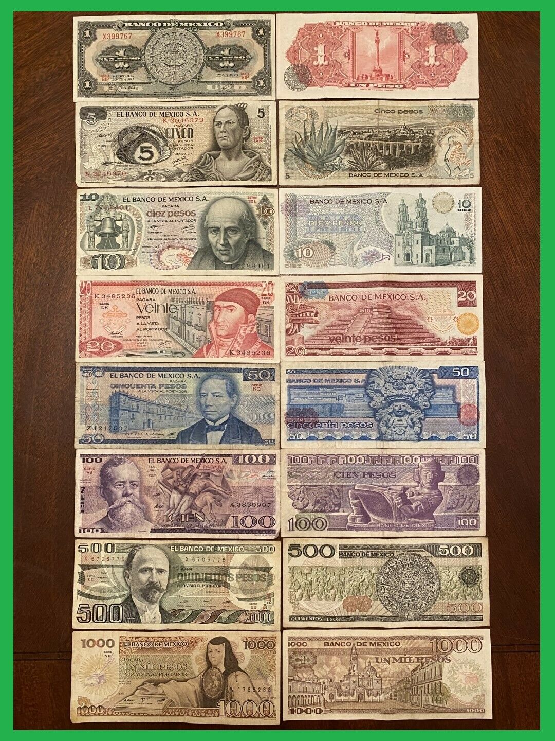 Lot 8 Mexico Peso Banknotes Series 1,5,10,20,50,100,500,1000 Bdm Mexico Bills