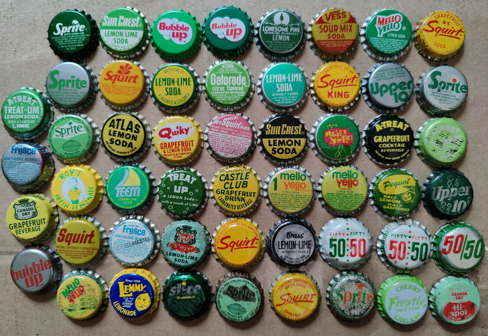Vintage Lot Of Over 50 Different Used Citrus Lemon-lime P/l Soda Bottle Caps