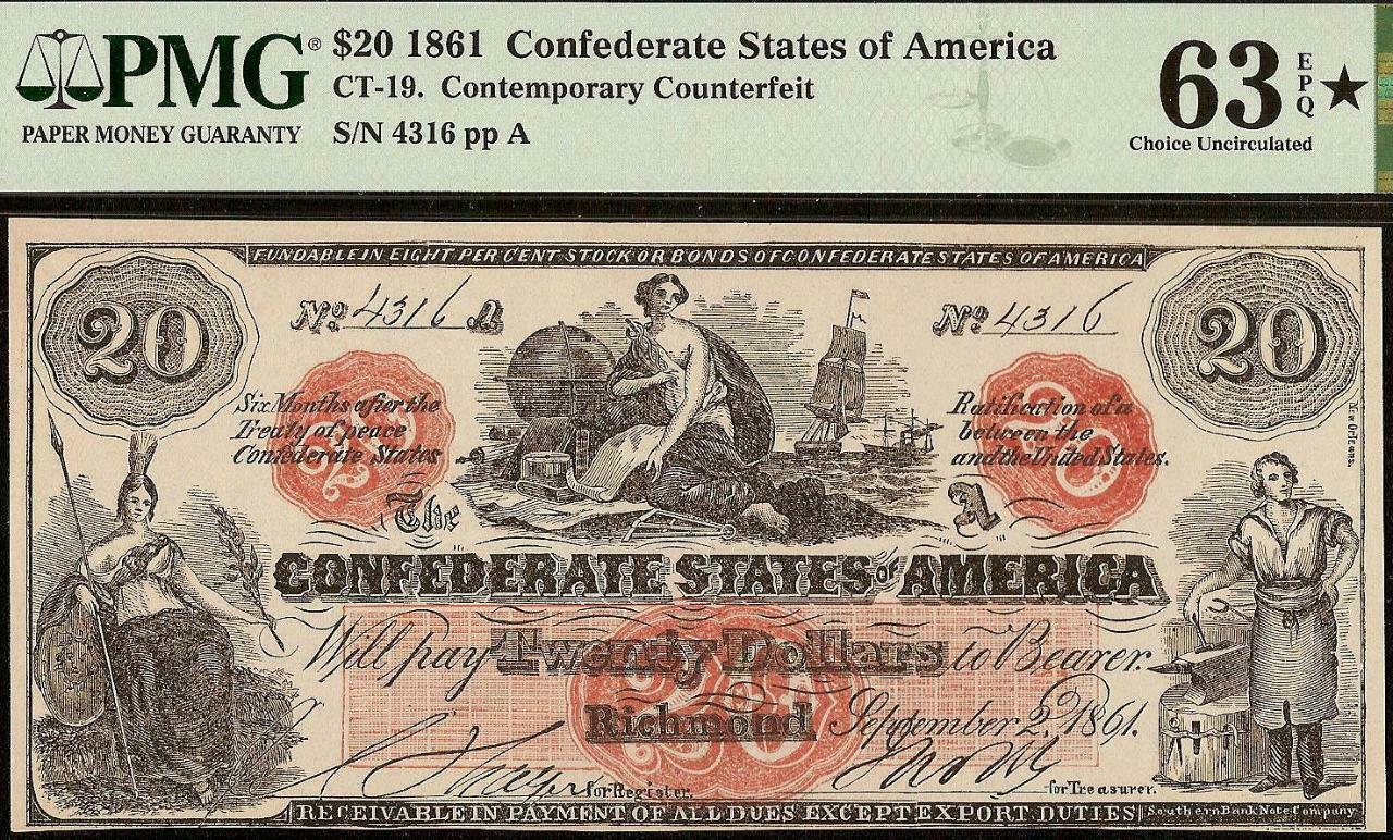 1861 $20 Confederate States Counterfeit Civil War Note Ct-19 Pmg 63 Epq ☆