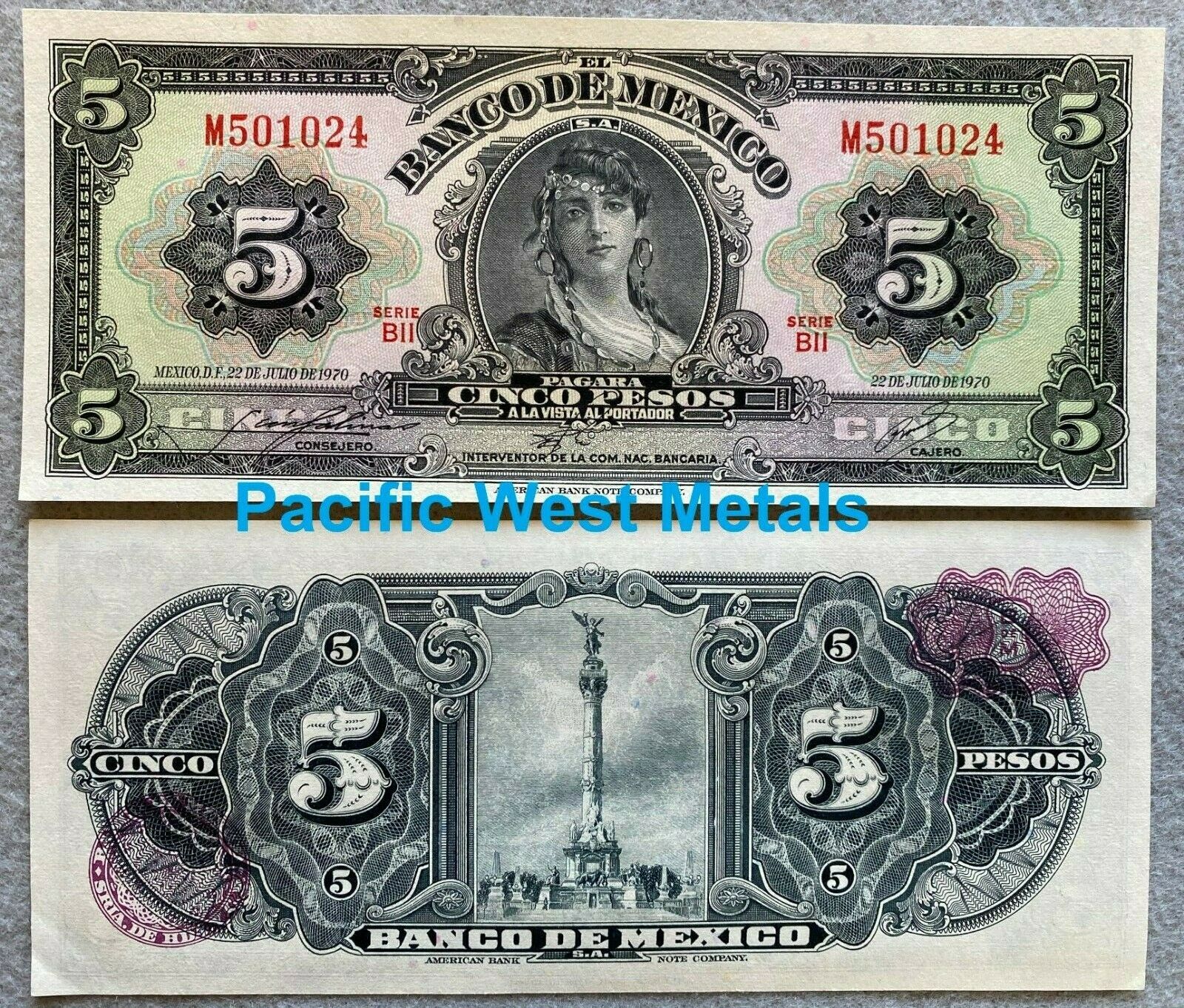 1970 Mexico 5 Pesos Gypsy Unc Mexican Banknotes Billete Cinco Sin Circular Crisp