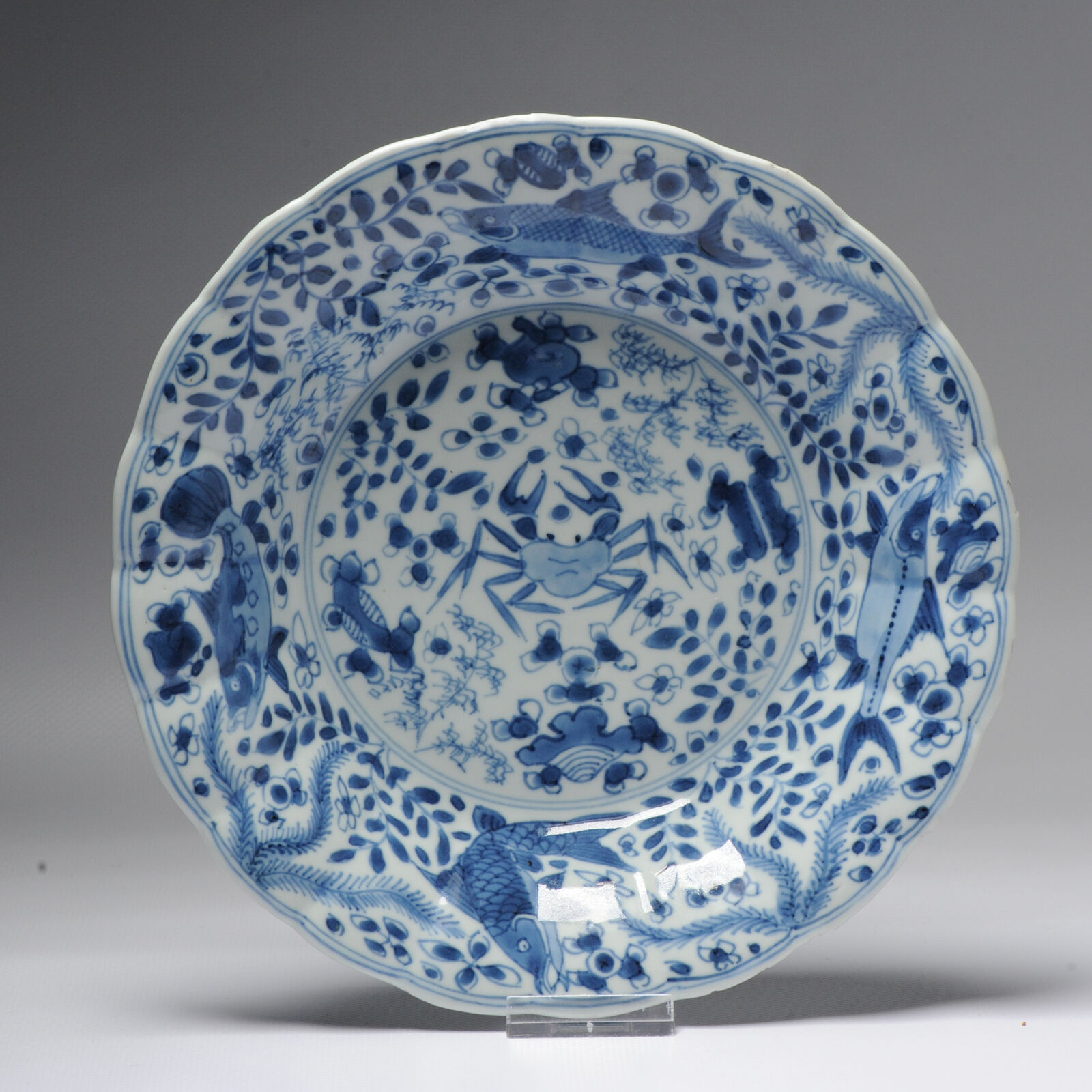 Antique Kangxi 18c Blue White Large Carp Qing Chinese Porcelain China Kangxi