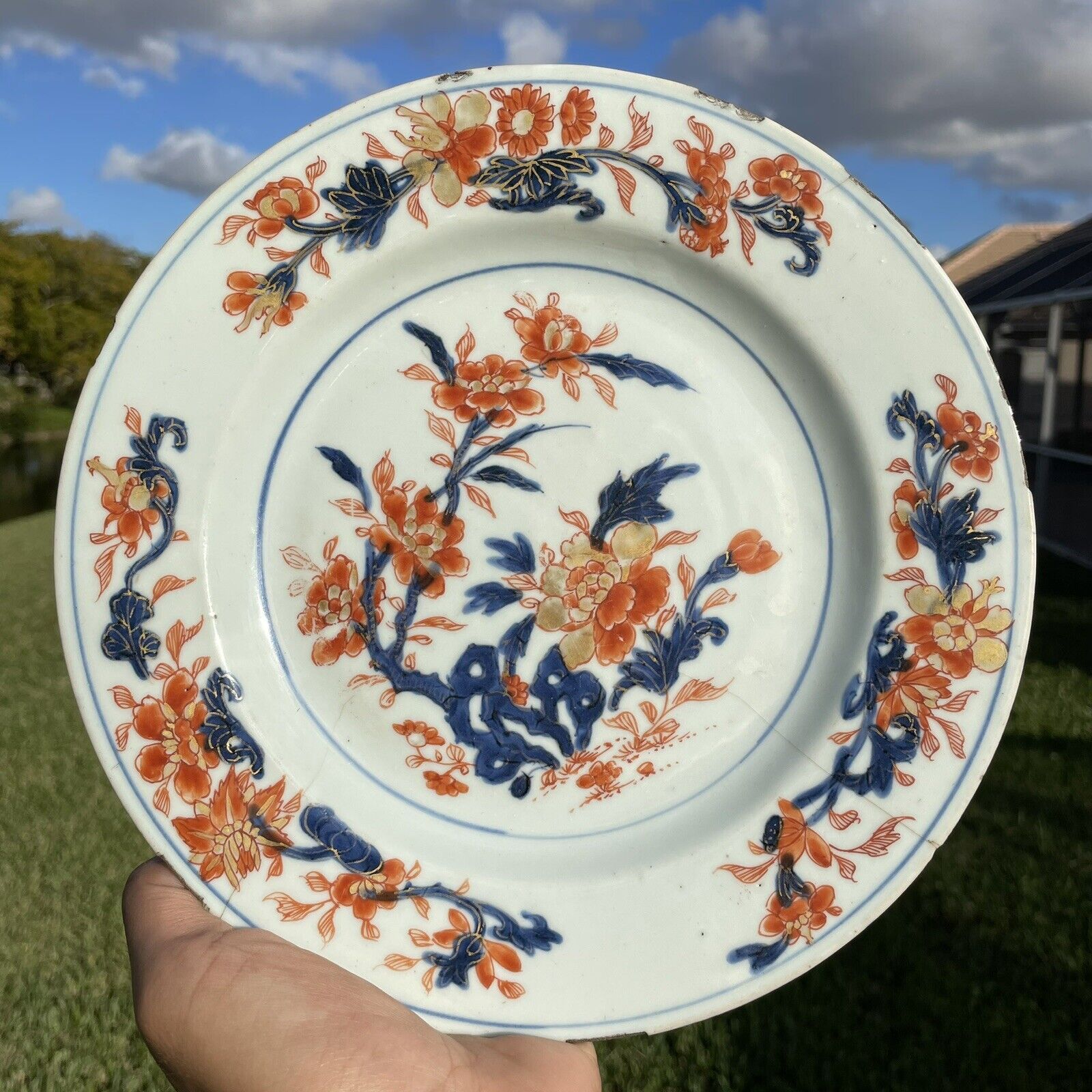 Rare Antique Chinese 18th C Kangxi Imari Blue White Porcelain Plate Flowers #4