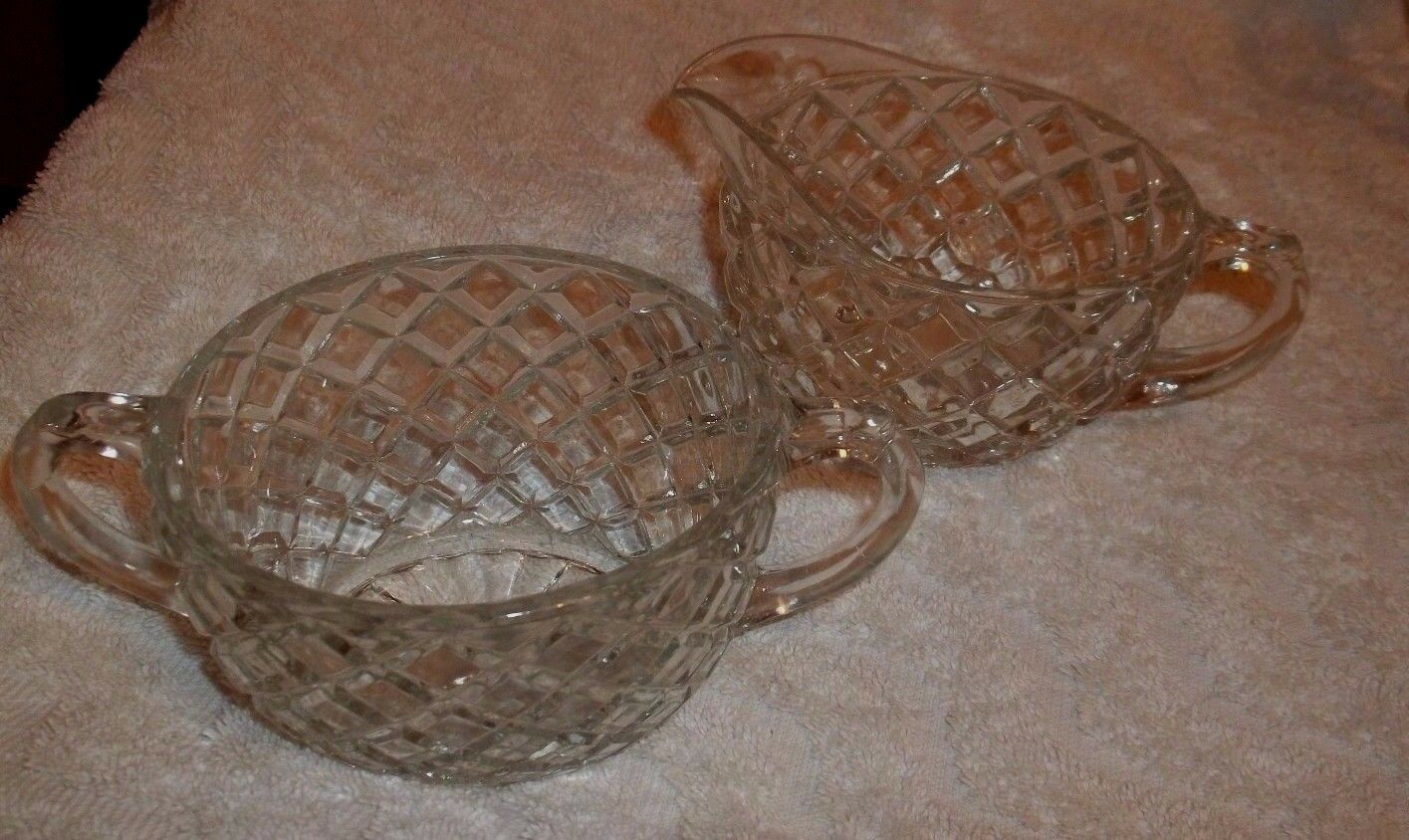 Vintage Glass Anchor Hocking Waterford Waffle Oval Sugar Bowl And Creamer