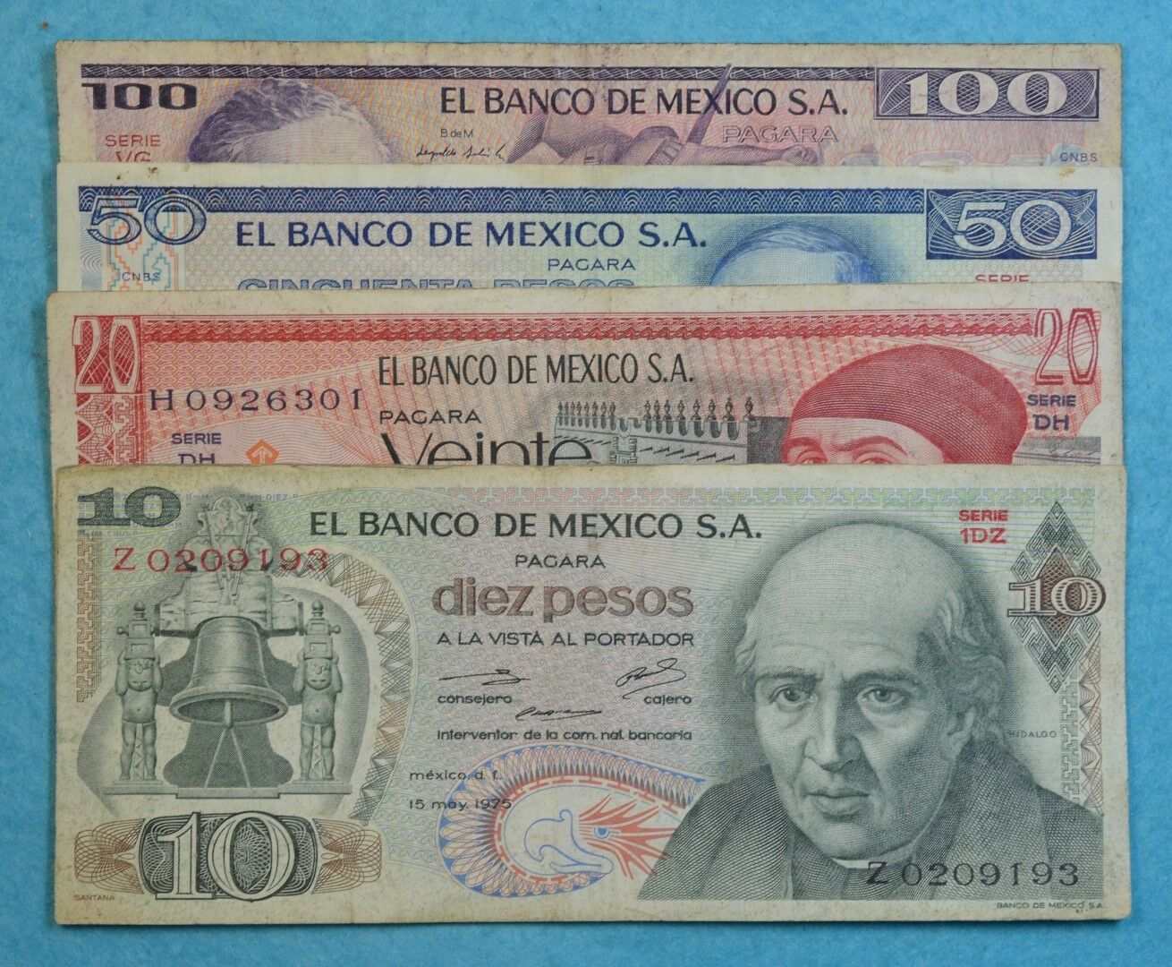 Mexico Set Lot 4 Banknotes Circulated 1970's 1980's 10 20 50 100 Pesos 4 Bills