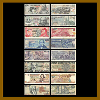 Mexico 5 10 20 50 100 500 1000 2000 Pesos (8 Pcs Set), 1969-1989 Used Circulated