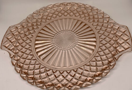 Antique Pink Depression Glass Cake Server Plate Waterford Waffle Pattern Hocking