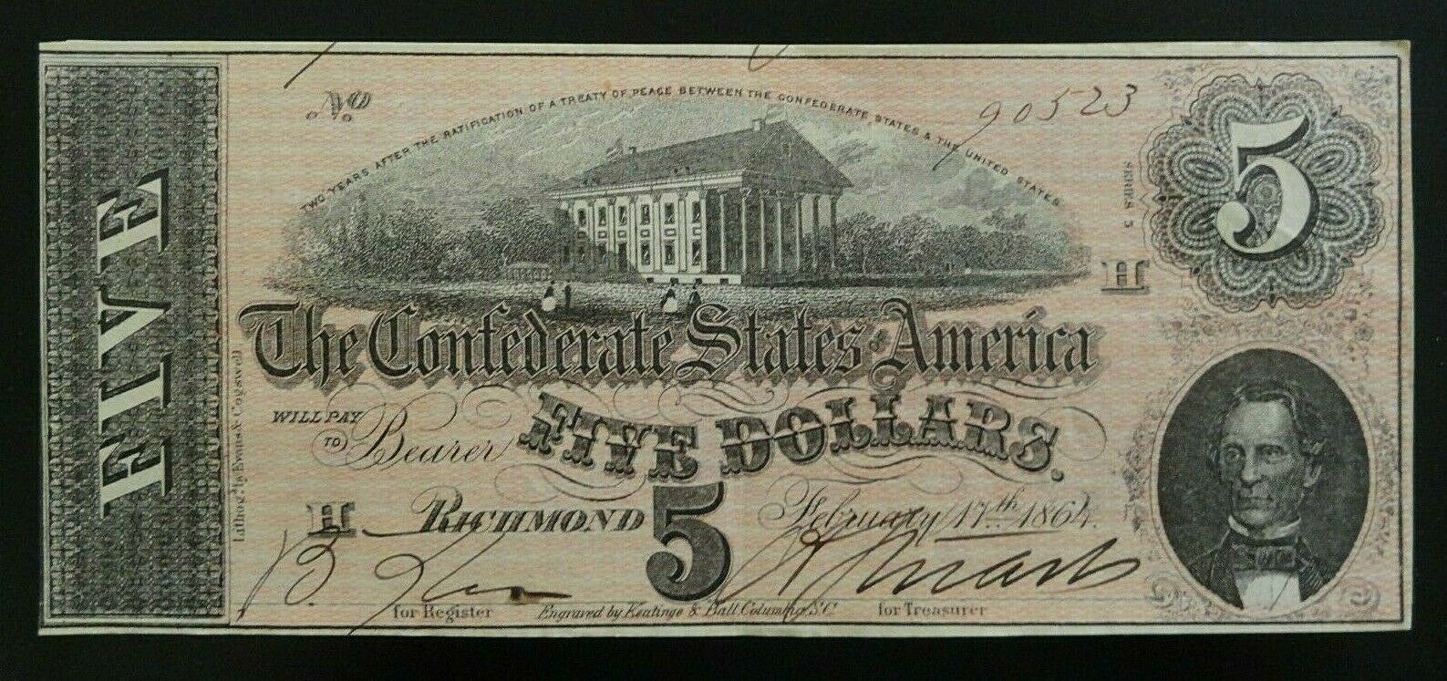 1864 Richmond $5 Confederate States Of America Currency Note - Crisp Au